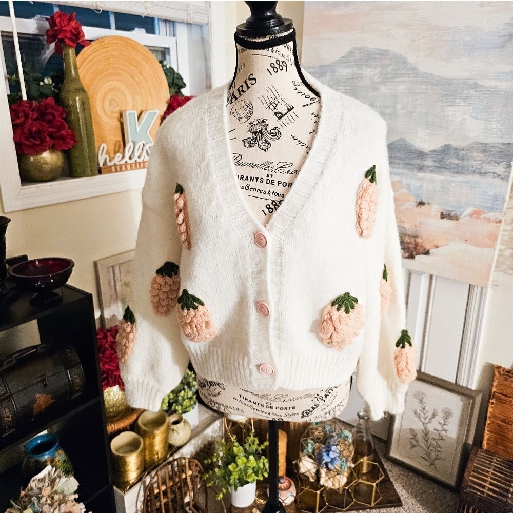 Golden Days Paris Acrylic Blend Pink & White Strawberry Cropped Cardigan.